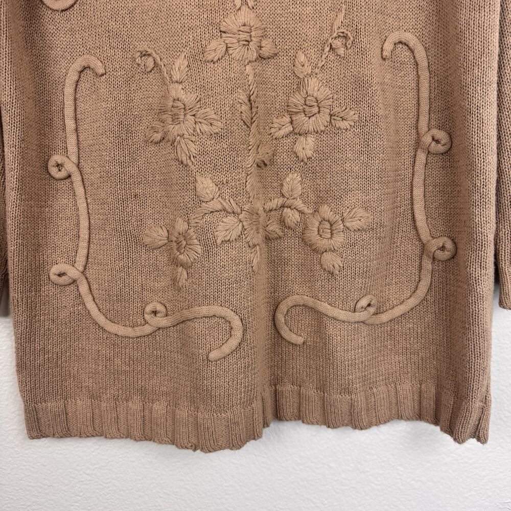 Vintage Newport News Embroidered 90s Mom Knit Tunic Sweater Cottagecore Tan M - Picture 5 of 16